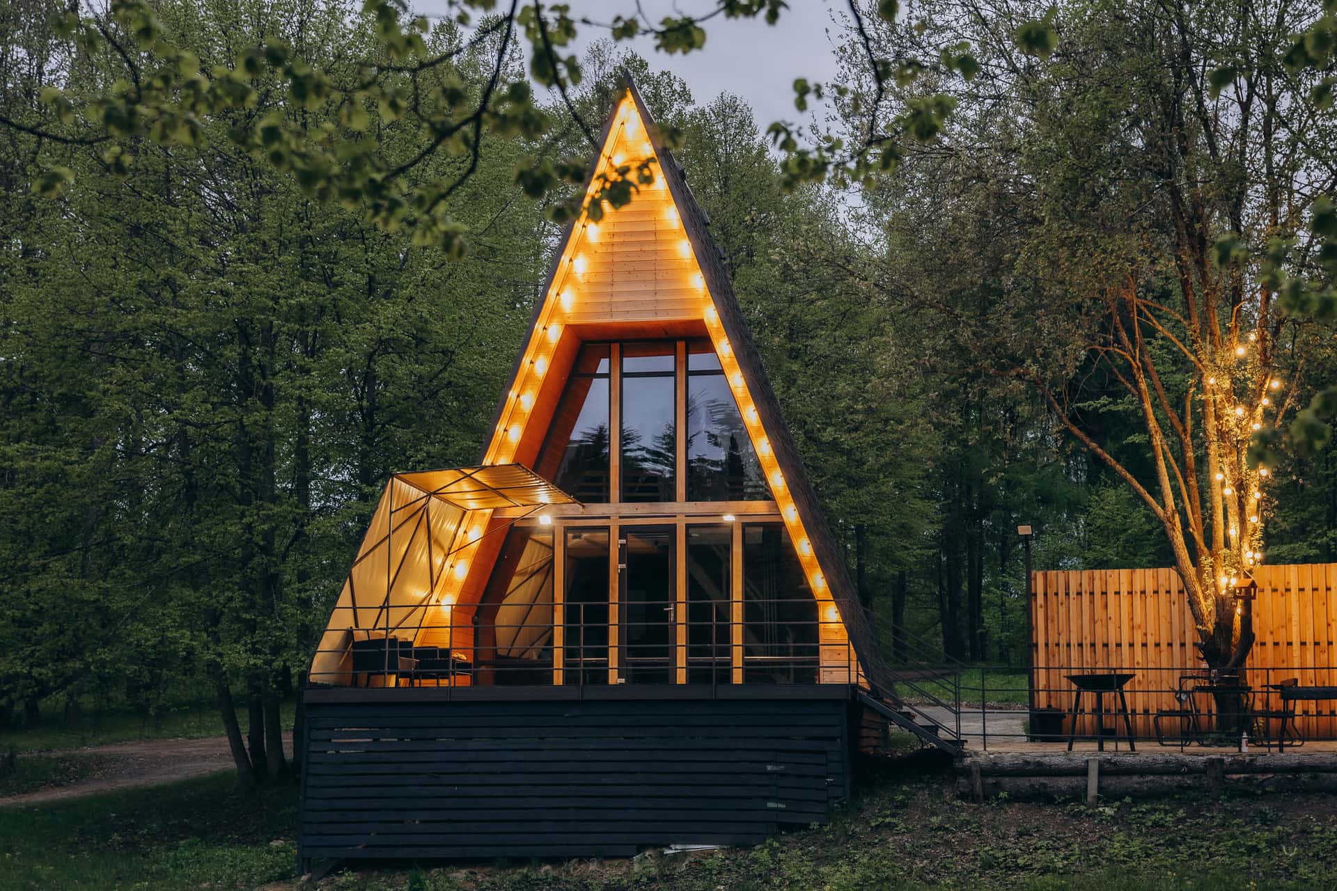 Mountains and forests with two cabins